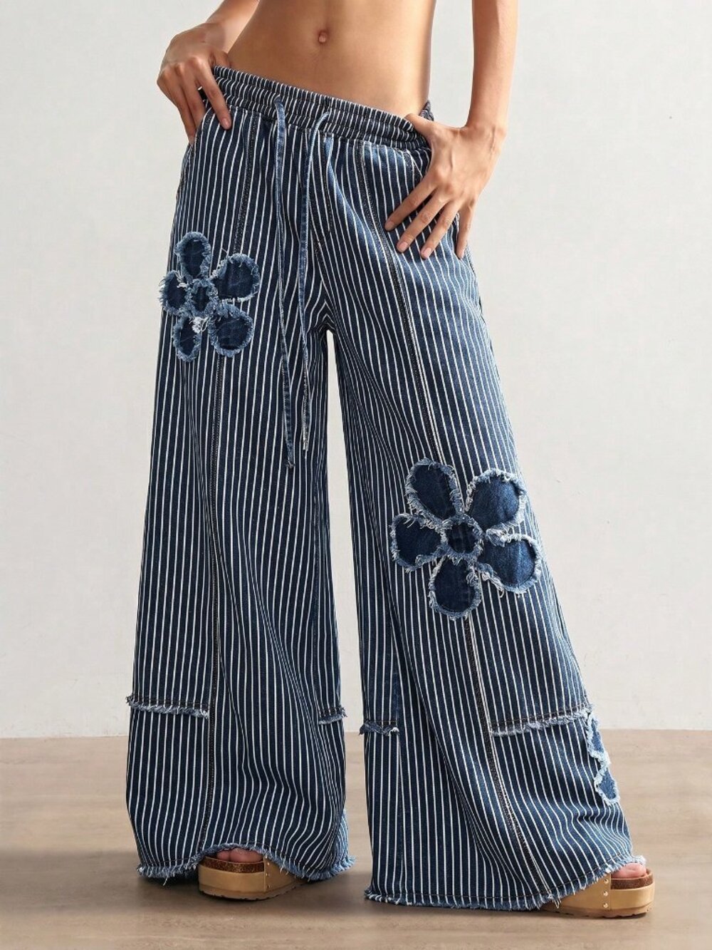 Blue And White Casual Women's Woven Denim Polka Dot Loose Wide Leg Long Pants - Picture 3 of 8
